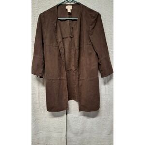 Chicos Brown Faux Suede Open Front Jacket 3/4 Sleeve Back Zip Detail Size 1 M